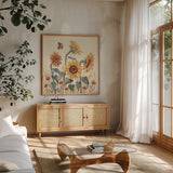 Sunflower Season II by Janelle Penner. Shown in a natural wood frame in a cozy modern living room. Available as an archival giclee rolled canvas, fine art paper, or poster print. SKU 76482a.