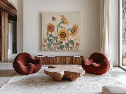 Sunflower Season II by Janelle Penner. Shown as extra-large giant wall art in a modern living room. Available as an archival giclee rolled canvas, fine art paper, or poster print. SKU 76482a.