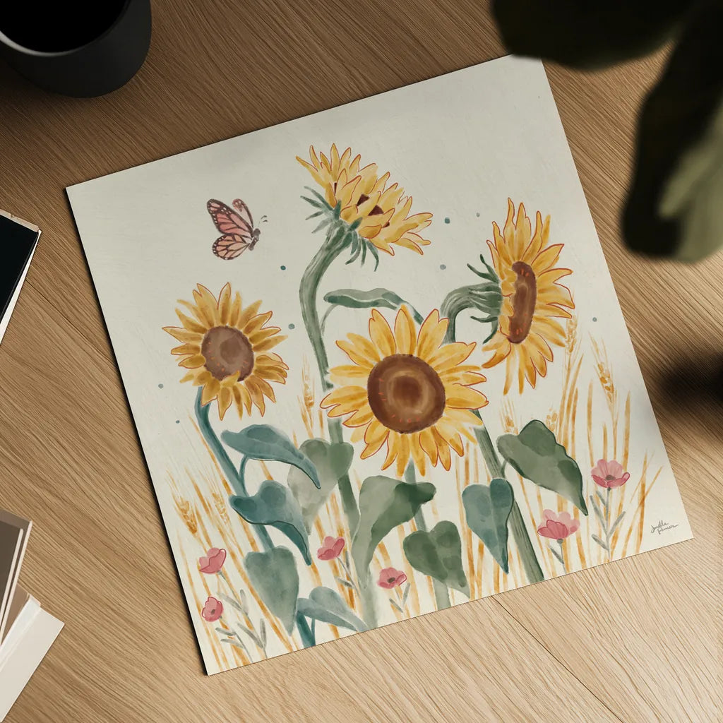 Sunflower Season II Bright by Janelle Penner. Shown as a detailed flat fine art print, highlighting archival giclee quality. Available as an archival giclee rolled canvas, fine art paper, or poster print. SKU 77836a.