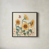 Sunflower Season II Bright by Janelle Penner. Shown in a sleek black glass frame for a contemporary gallery look. Available as an archival giclee rolled canvas, fine art paper, or poster print. SKU 77836a.