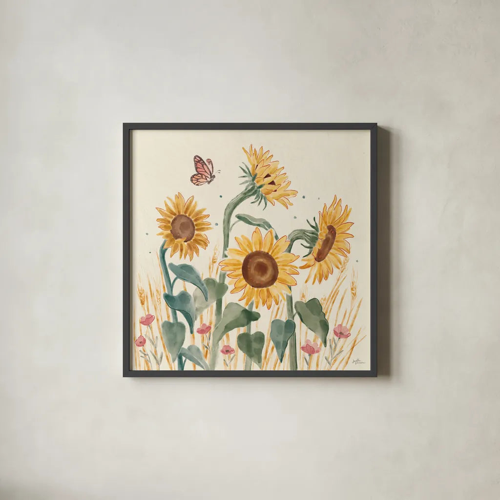 Sunflower Season II Bright by Janelle Penner. Shown in a sleek black glass frame for a contemporary gallery look. Available as an archival giclee rolled canvas, fine art paper, or poster print. SKU 77836a.