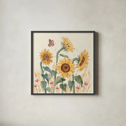 Sunflower Season II Bright by Janelle Penner. Shown in a sleek black glass frame for a contemporary gallery look. Available as an archival giclee rolled canvas, fine art paper, or poster print. SKU 77836a.