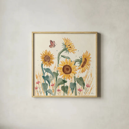 Sunflower Season II Bright by Janelle Penner. Shown in a natural wood glass frame for a timeless modern aesthetic. Available as an archival giclee rolled canvas, fine art paper, or poster print. SKU 77836a.