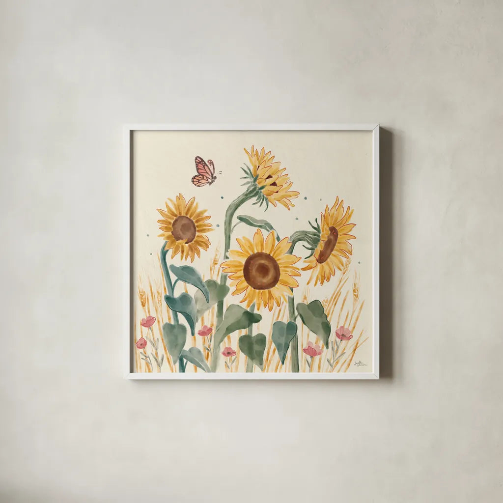 Sunflower Season II Bright by Janelle Penner. Shown in a crisp white glass frame for a clean and minimalist style. Available as an archival giclee rolled canvas, fine art paper, or poster print. SKU 77836a.