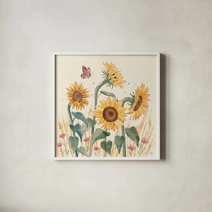 Sunflower Season II Bright by Janelle Penner. Shown in a crisp white glass frame for a clean and minimalist style. Available as an archival giclee rolled canvas, fine art paper, or poster print. SKU 77836a.