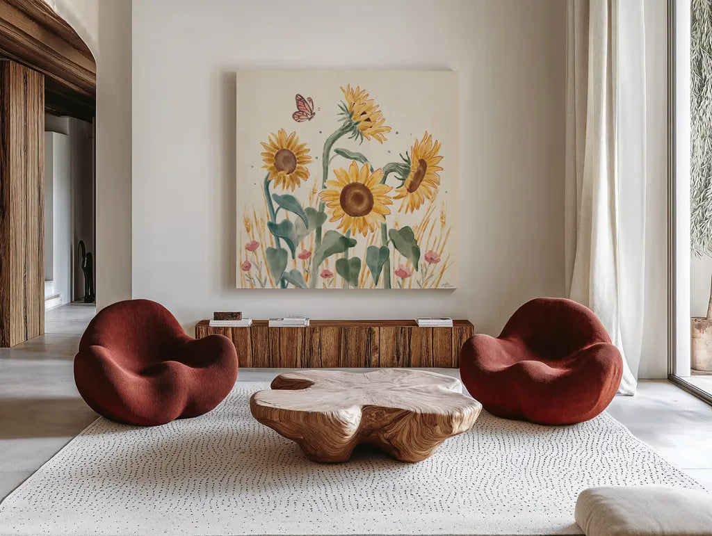 Sunflower Season II Bright by Janelle Penner. Shown as extra-large giant wall art in a modern living room. Available as an archival giclee rolled canvas, fine art paper, or poster print. SKU 77836a.