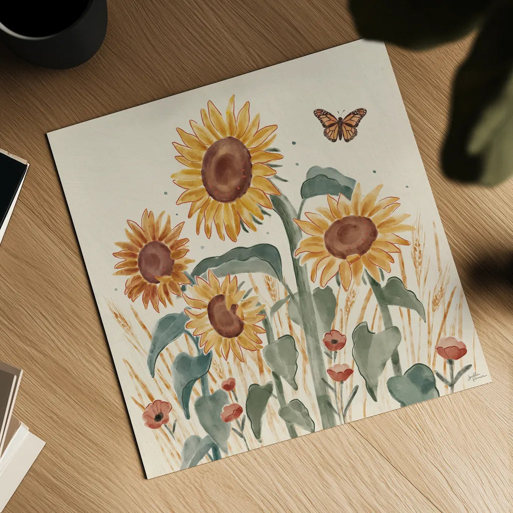 Sunflower Season III by Janelle Penner. Shown as a detailed flat fine art print, highlighting archival giclee quality. Available as an archival giclee rolled canvas, fine art paper, or poster print. SKU 76483a.