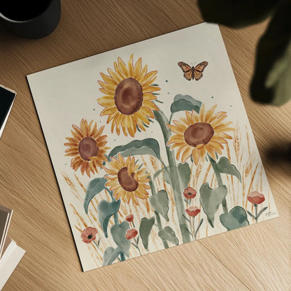 Sunflower Season III by Janelle Penner. Shown as a detailed flat fine art print, highlighting archival giclee quality. Available as an archival giclee rolled canvas, fine art paper, or poster print. SKU 76483a.