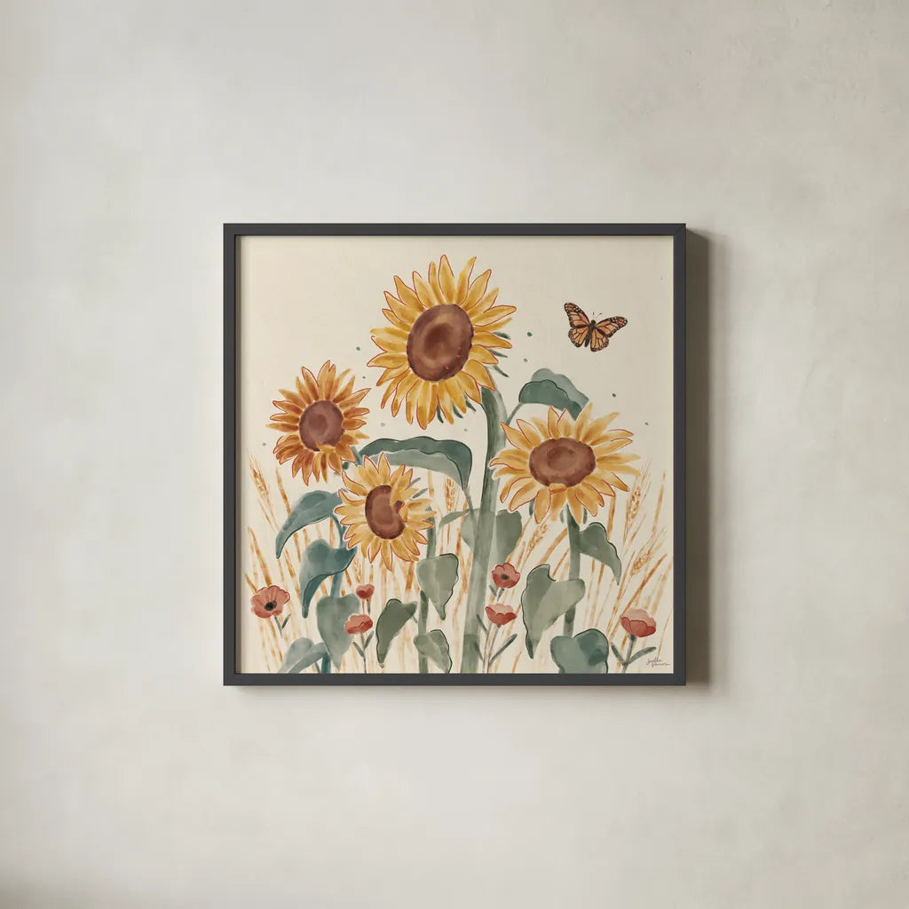 Sunflower Season III by Janelle Penner. Shown in a sleek black glass frame for a contemporary gallery look. Available as an archival giclee rolled canvas, fine art paper, or poster print. SKU 76483a.