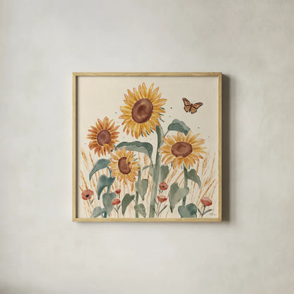 Sunflower Season III by Janelle Penner. Shown in a natural wood glass frame for a timeless modern aesthetic. Available as an archival giclee rolled canvas, fine art paper, or poster print. SKU 76483a.