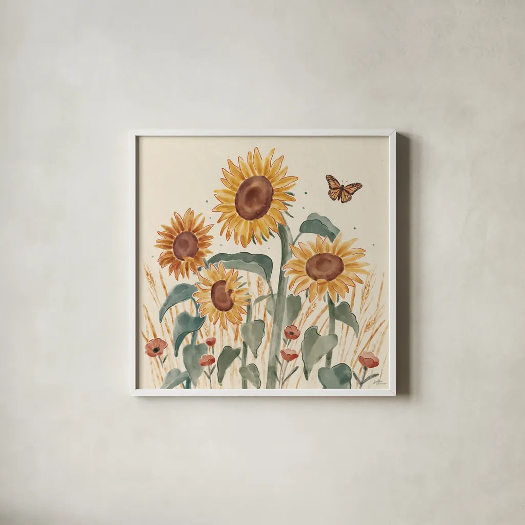 Sunflower Season III by Janelle Penner. Shown in a crisp white glass frame for a clean and minimalist style. Available as an archival giclee rolled canvas, fine art paper, or poster print. SKU 76483a.