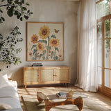 Sunflower Season III by Janelle Penner. Shown in a natural wood frame in a cozy modern living room. Available as an archival giclee rolled canvas, fine art paper, or poster print. SKU 76483a.