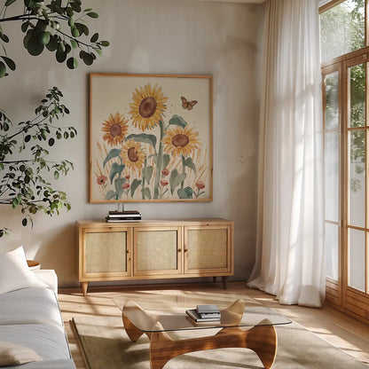 Sunflower Season III by Janelle Penner. Shown in a natural wood frame in a cozy modern living room. Available as an archival giclee rolled canvas, fine art paper, or poster print. SKU 76483a.