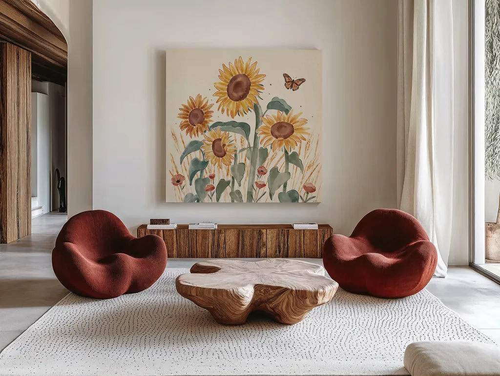 Sunflower Season III by Janelle Penner. Shown as extra-large giant wall art in a modern living room. Available as an archival giclee rolled canvas, fine art paper, or poster print. SKU 76483a.