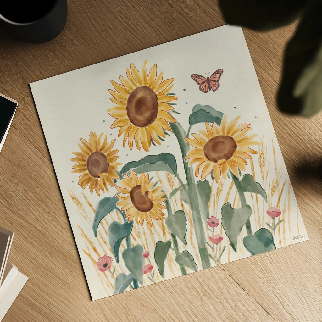 Sunflower Season III Bright by Janelle Penner. Shown as a detailed flat fine art print, highlighting archival giclee quality. Available as an archival giclee rolled canvas, fine art paper, or poster print. SKU 77837a.
