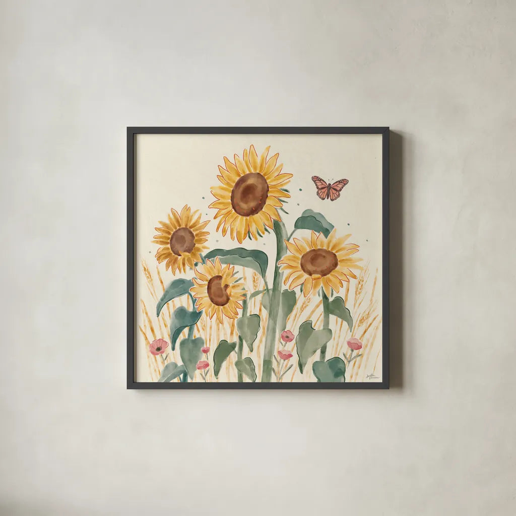 Sunflower Season III Bright by Janelle Penner. Shown in a sleek black glass frame for a contemporary gallery look. Available as an archival giclee rolled canvas, fine art paper, or poster print. SKU 77837a.