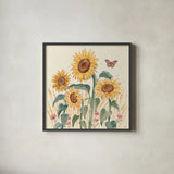 Sunflower Season III Bright by Janelle Penner. Shown in a sleek black glass frame for a contemporary gallery look. Available as an archival giclee rolled canvas, fine art paper, or poster print. SKU 77837a.