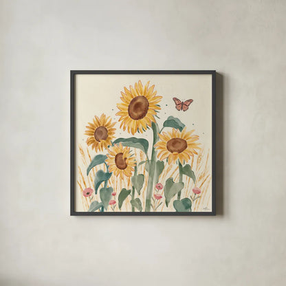 Sunflower Season III Bright by Janelle Penner. Shown in a sleek black glass frame for a contemporary gallery look. Available as an archival giclee rolled canvas, fine art paper, or poster print. SKU 77837a.