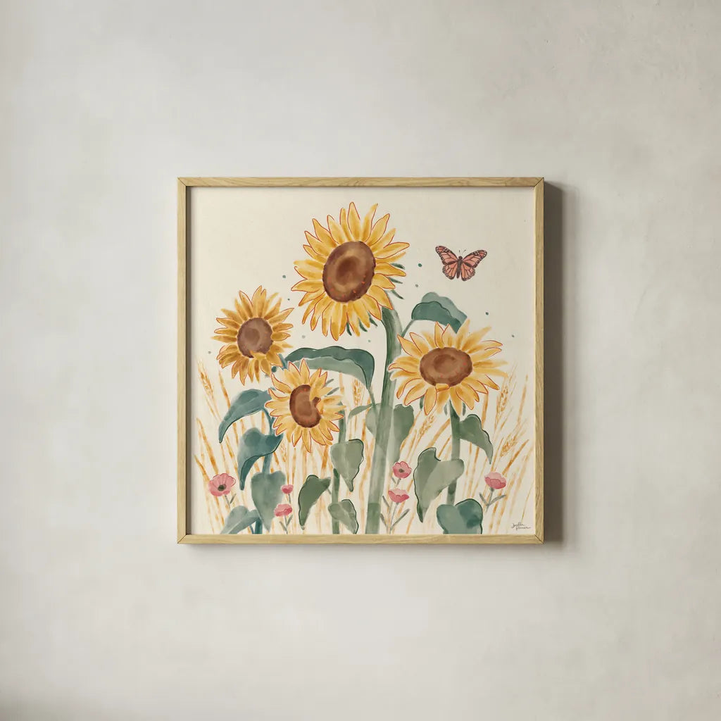 Sunflower Season III Bright by Janelle Penner. Shown in a natural wood glass frame for a timeless modern aesthetic. Available as an archival giclee rolled canvas, fine art paper, or poster print. SKU 77837a.