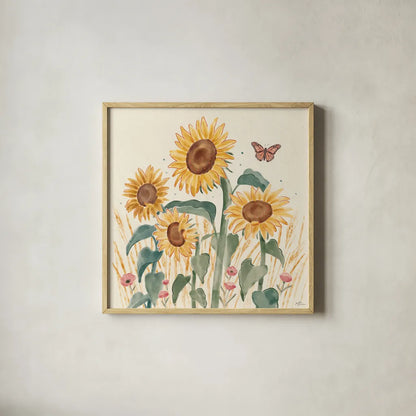 Sunflower Season III Bright by Janelle Penner. Shown in a natural wood glass frame for a timeless modern aesthetic. Available as an archival giclee rolled canvas, fine art paper, or poster print. SKU 77837a.