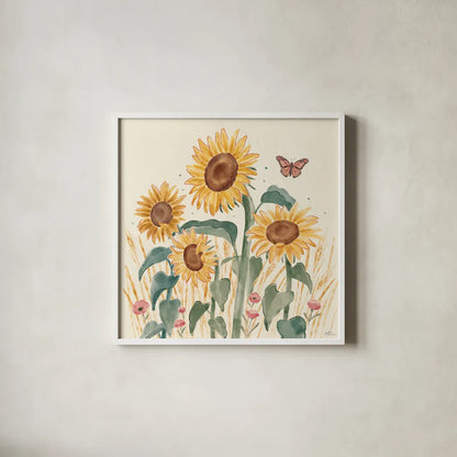 Sunflower Season III Bright by Janelle Penner. Shown in a crisp white glass frame for a clean and minimalist style. Available as an archival giclee rolled canvas, fine art paper, or poster print. SKU 77837a.
