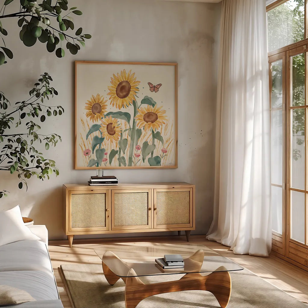 Sunflower Season III Bright by Janelle Penner. Shown in a natural wood frame in a cozy modern living room. Available as an archival giclee rolled canvas, fine art paper, or poster print. SKU 77837a.