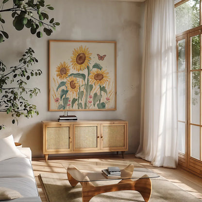 Sunflower Season III Bright by Janelle Penner. Shown in a natural wood frame in a cozy modern living room. Available as an archival giclee rolled canvas, fine art paper, or poster print. SKU 77837a.