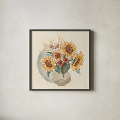 Sunflower Season IV by Janelle Penner. Shown in a sleek black glass frame for a contemporary gallery look. Available as an archival giclee rolled canvas, fine art paper, or poster print. SKU 76484a.