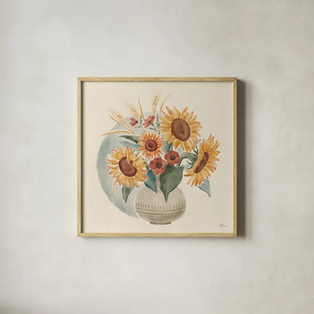 Sunflower Season IV by Janelle Penner. Shown in a natural wood glass frame for a timeless modern aesthetic. Available as an archival giclee rolled canvas, fine art paper, or poster print. SKU 76484a.