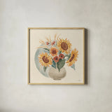 Sunflower Season IV by Janelle Penner. Shown in a natural wood glass frame for a timeless modern aesthetic. Available as an archival giclee rolled canvas, fine art paper, or poster print. SKU 76484a.