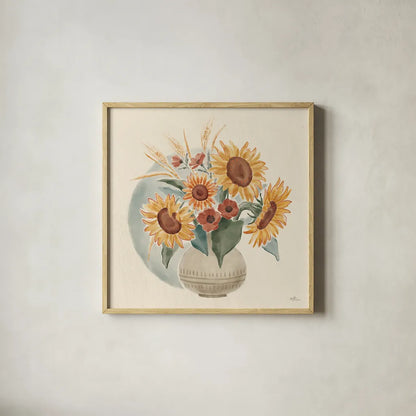 Sunflower Season IV by Janelle Penner. Shown in a natural wood glass frame for a timeless modern aesthetic. Available as an archival giclee rolled canvas, fine art paper, or poster print. SKU 76484a.