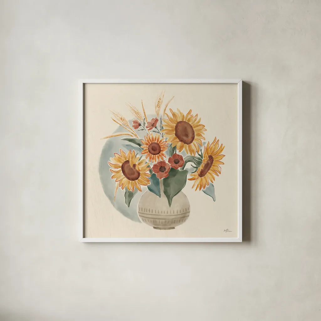 Sunflower Season IV by Janelle Penner. Shown in a crisp white glass frame for a clean and minimalist style. Available as an archival giclee rolled canvas, fine art paper, or poster print. SKU 76484a.