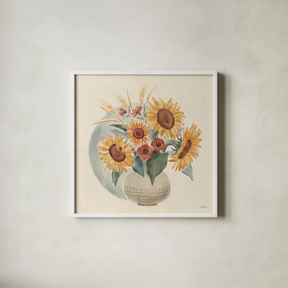 Sunflower Season IV by Janelle Penner. Shown in a crisp white glass frame for a clean and minimalist style. Available as an archival giclee rolled canvas, fine art paper, or poster print. SKU 76484a.