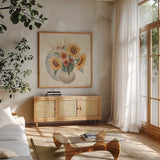 Sunflower Season IV by Janelle Penner. Shown in a natural wood frame in a cozy modern living room. Available as an archival giclee rolled canvas, fine art paper, or poster print. SKU 76484a.