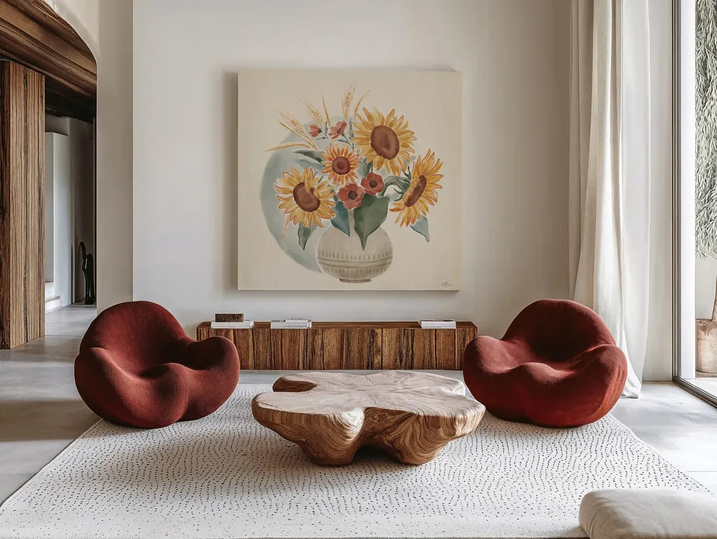 Sunflower Season IV by Janelle Penner. Shown as extra-large giant wall art in a modern living room. Available as an archival giclee rolled canvas, fine art paper, or poster print. SKU 76484a.