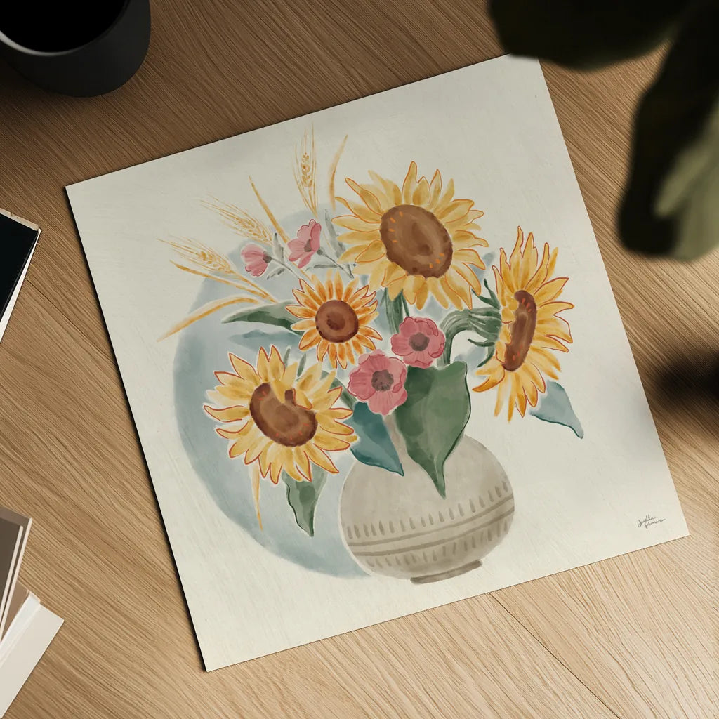 Sunflower Season IV Bright by Janelle Penner. Shown as a detailed flat fine art print, highlighting archival giclee quality. Available as an archival giclee rolled canvas, fine art paper, or poster print. SKU 77838a.