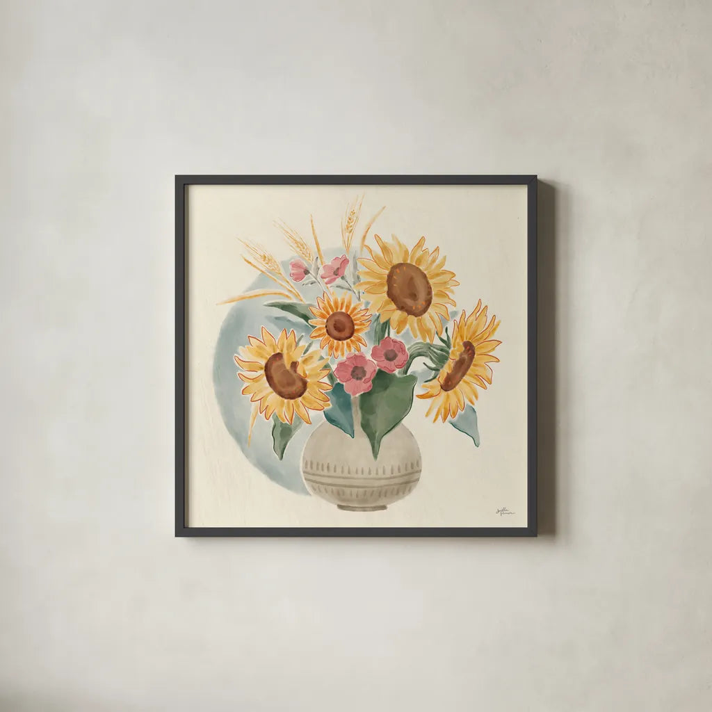 Sunflower Season IV Bright by Janelle Penner. Shown in a sleek black glass frame for a contemporary gallery look. Available as an archival giclee rolled canvas, fine art paper, or poster print. SKU 77838a.