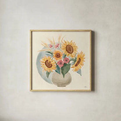 Sunflower Season IV Bright by Janelle Penner. Shown in a natural wood glass frame for a timeless modern aesthetic. Available as an archival giclee rolled canvas, fine art paper, or poster print. SKU 77838a.