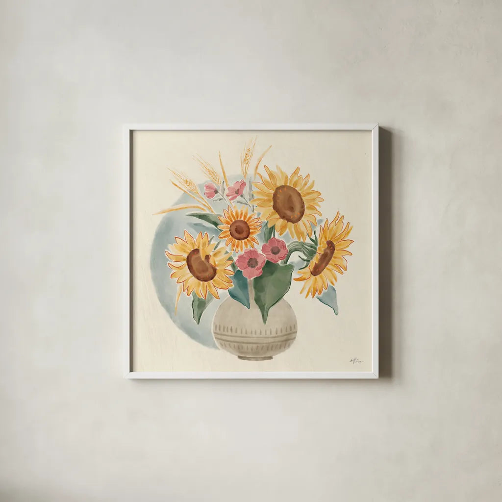 Sunflower Season IV Bright by Janelle Penner. Shown in a crisp white glass frame for a clean and minimalist style. Available as an archival giclee rolled canvas, fine art paper, or poster print. SKU 77838a.