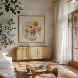 Sunflower Season IV Bright by Janelle Penner. Shown in a natural wood frame in a cozy modern living room. Available as an archival giclee rolled canvas, fine art paper, or poster print. SKU 77838a.