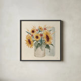 Sunflower Season V by Janelle Penner. Shown in a sleek black glass frame for a contemporary gallery look. Available as an archival giclee rolled canvas, fine art paper, or poster print. SKU 76485a.