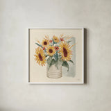 Sunflower Season V by Janelle Penner. Shown in a crisp white glass frame for a clean and minimalist style. Available as an archival giclee rolled canvas, fine art paper, or poster print. SKU 76485a.