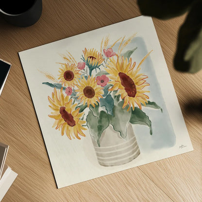 Sunflower Season V Bright by Janelle Penner. Shown as a detailed flat fine art print, highlighting archival giclee quality. Available as an archival giclee rolled canvas, fine art paper, or poster print. SKU 77839a.
