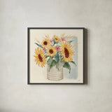 Sunflower Season V Bright by Janelle Penner. Shown in a sleek black glass frame for a contemporary gallery look. Available as an archival giclee rolled canvas, fine art paper, or poster print. SKU 77839a.