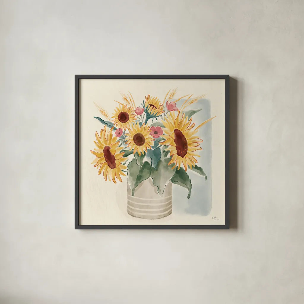 Sunflower Season V Bright by Janelle Penner. Shown in a sleek black glass frame for a contemporary gallery look. Available as an archival giclee rolled canvas, fine art paper, or poster print. SKU 77839a.