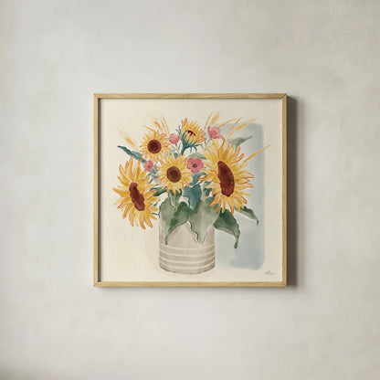Sunflower Season V Bright by Janelle Penner. Shown in a natural wood glass frame for a timeless modern aesthetic. Available as an archival giclee rolled canvas, fine art paper, or poster print. SKU 77839a.