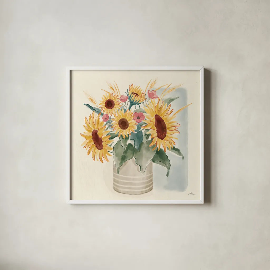 Sunflower Season V Bright by Janelle Penner. Shown in a crisp white glass frame for a clean and minimalist style. Available as an archival giclee rolled canvas, fine art paper, or poster print. SKU 77839a.