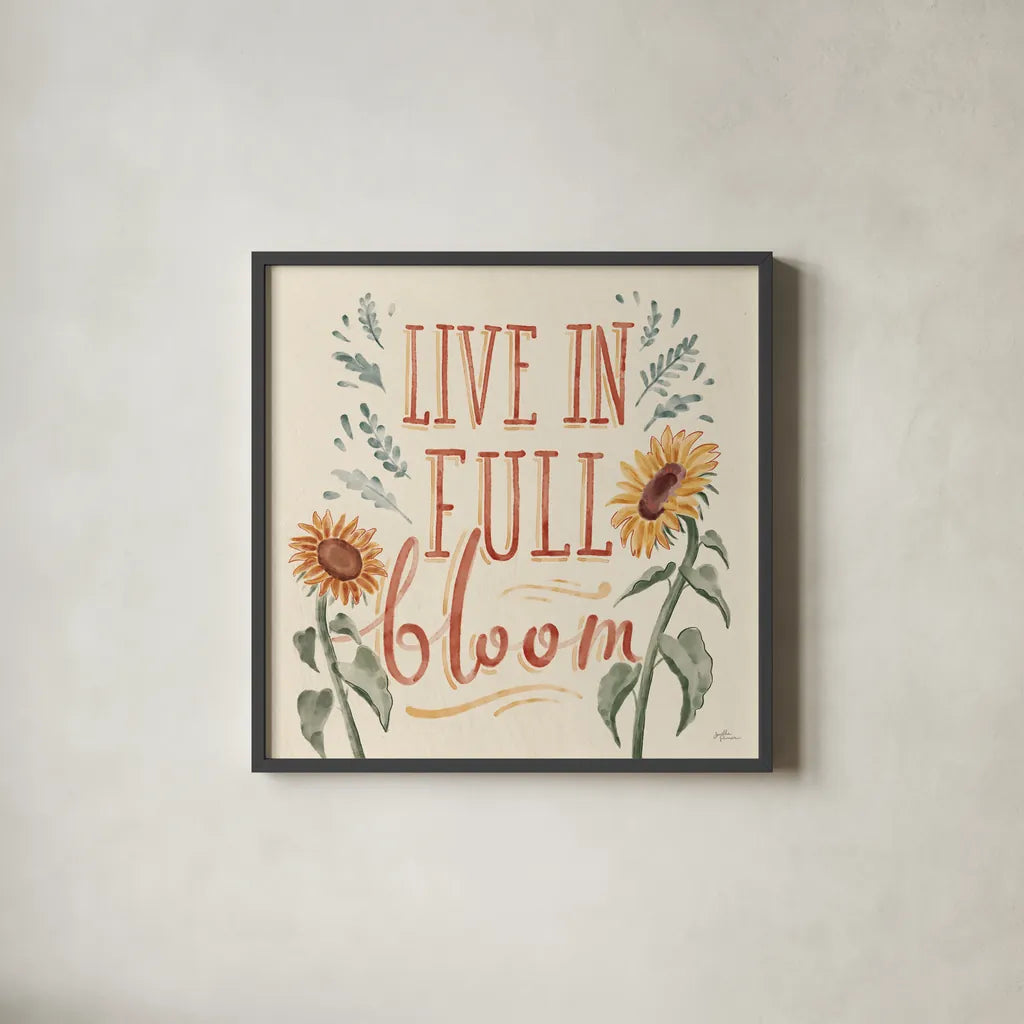 Sunflower Season VI by Janelle Penner. Shown in a sleek black glass frame for a contemporary gallery look. Available as an archival giclee rolled canvas, fine art paper, or poster print. SKU 76486a.