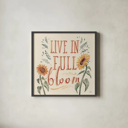 Sunflower Season VI by Janelle Penner. Shown in a sleek black glass frame for a contemporary gallery look. Available as an archival giclee rolled canvas, fine art paper, or poster print. SKU 76486a.