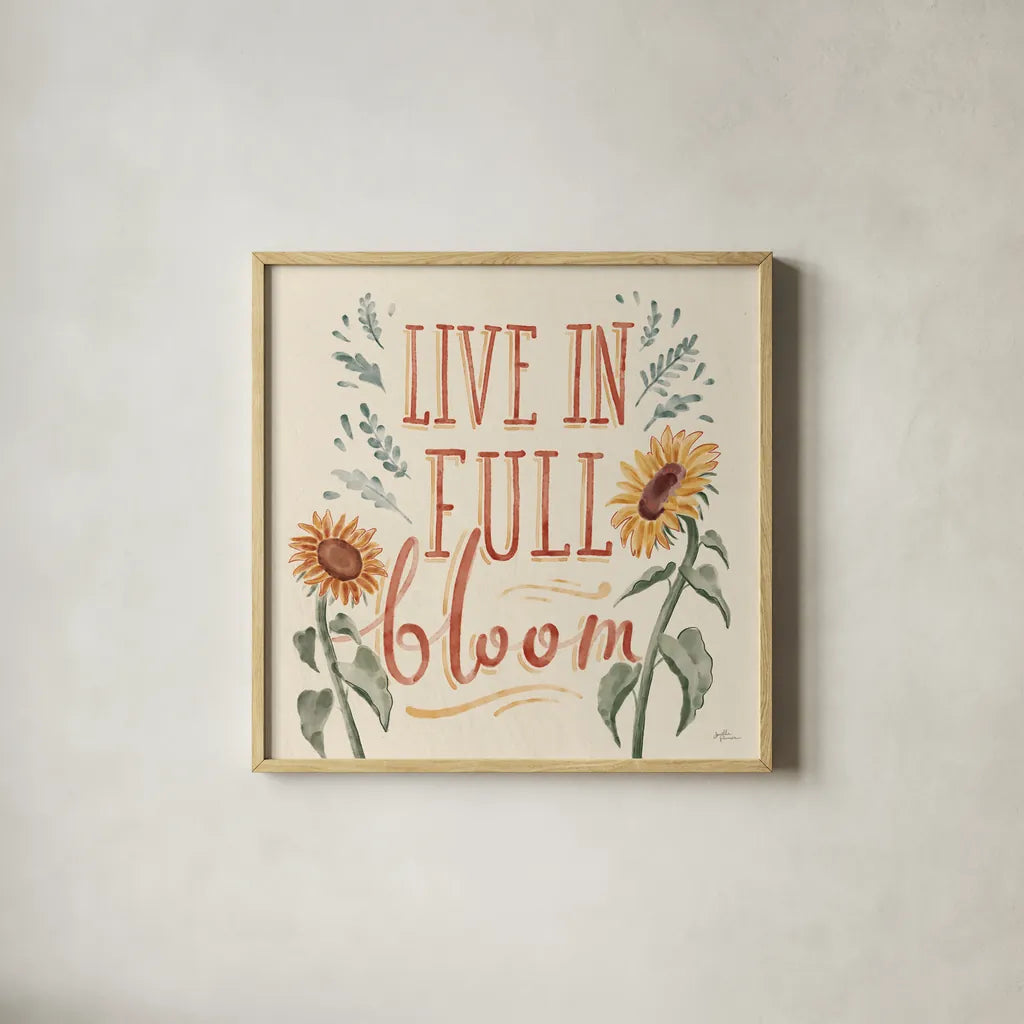 Sunflower Season VI by Janelle Penner. Shown in a natural wood glass frame for a timeless modern aesthetic. Available as an archival giclee rolled canvas, fine art paper, or poster print. SKU 76486a.